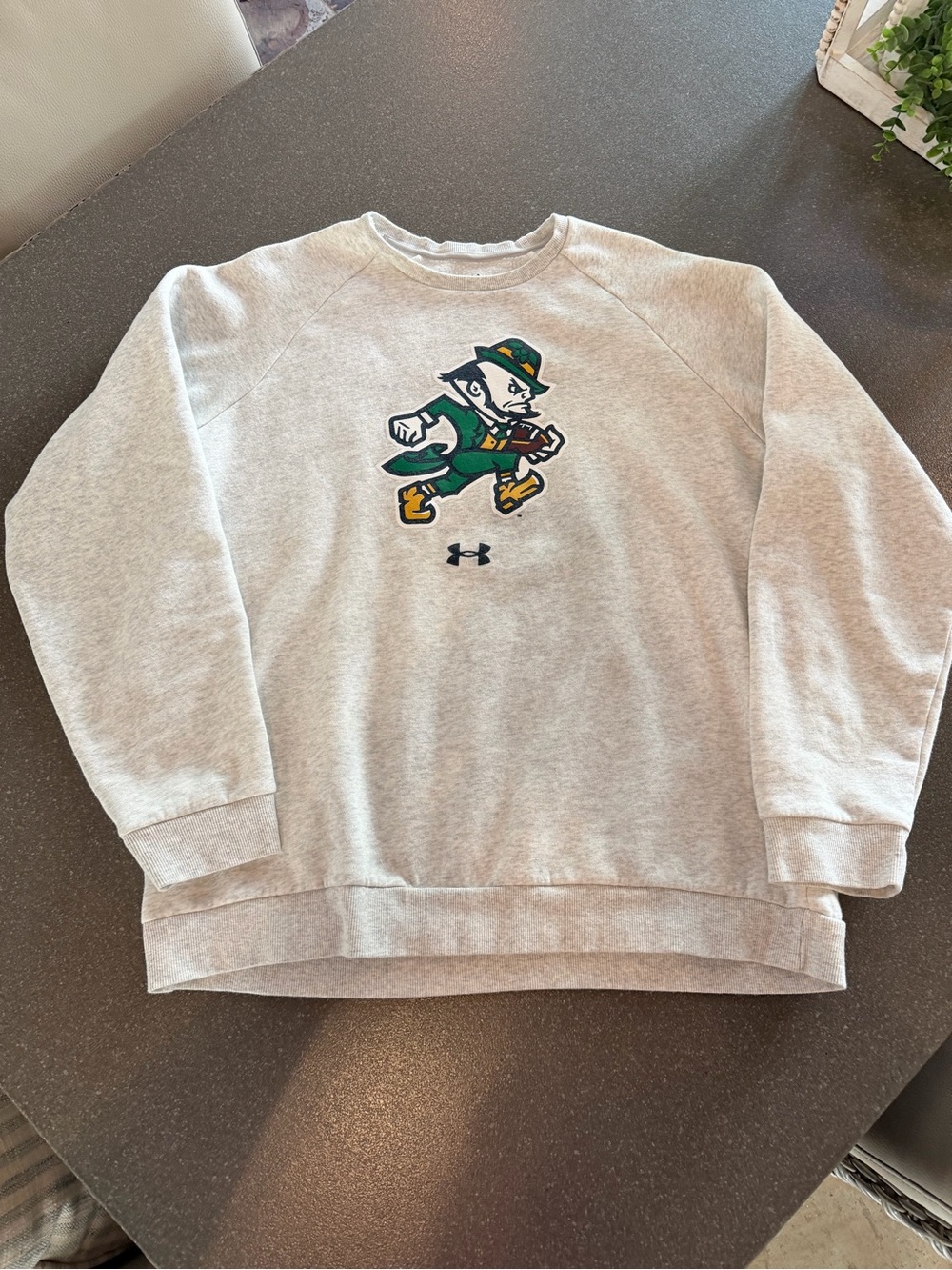 Under Armour Light Gray Notre Dame Leprechaun Crewneck Sweatshirt